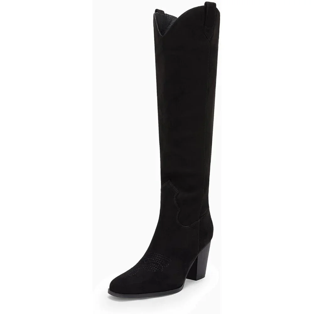 Women Suede Black Cowboy Knee High Chunky Block Heel Square Toe Tall Riding Boot